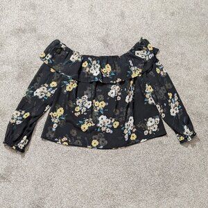 a.n.a. Black Floral Sheer Chiffon Off-Shoulder Ruffle Peasant Top; Size L
